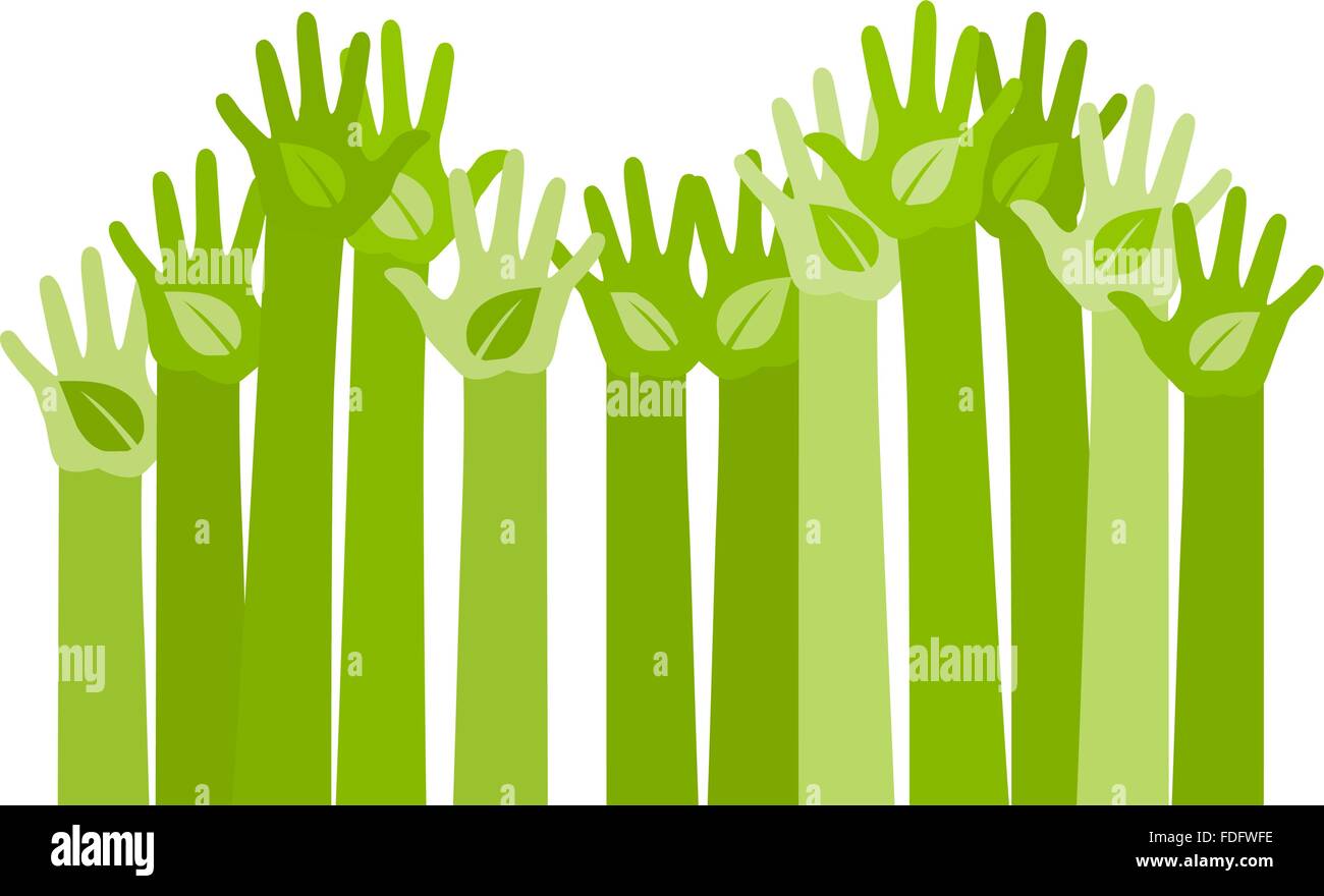abstract illustration with raising hands with a leaf symbol. eco friendly design template. care of environment volunteer concept Stock Vector