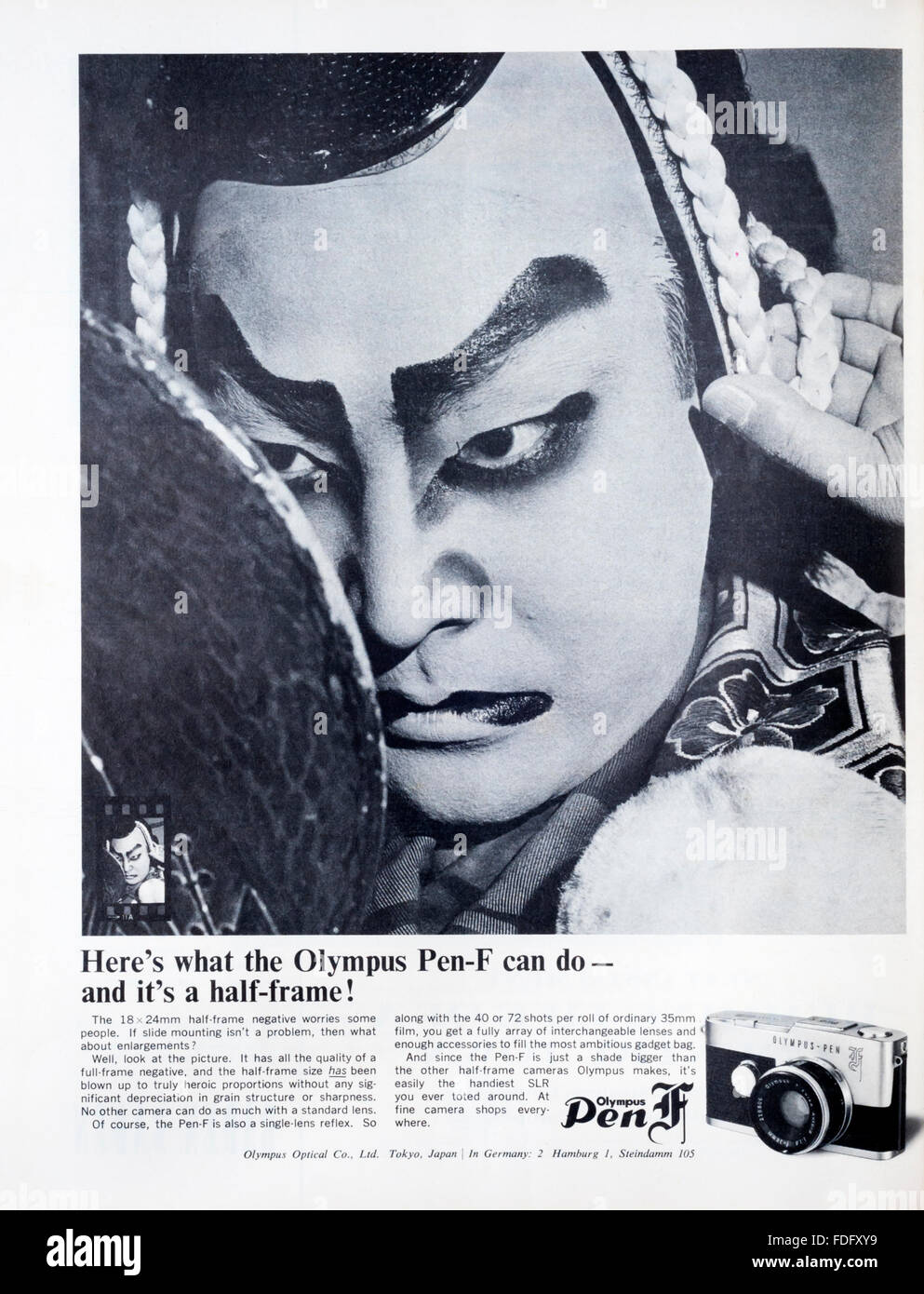 1960s magazine advertisement advertising the Olympus Pen F half-frame camera.. Stock Photo