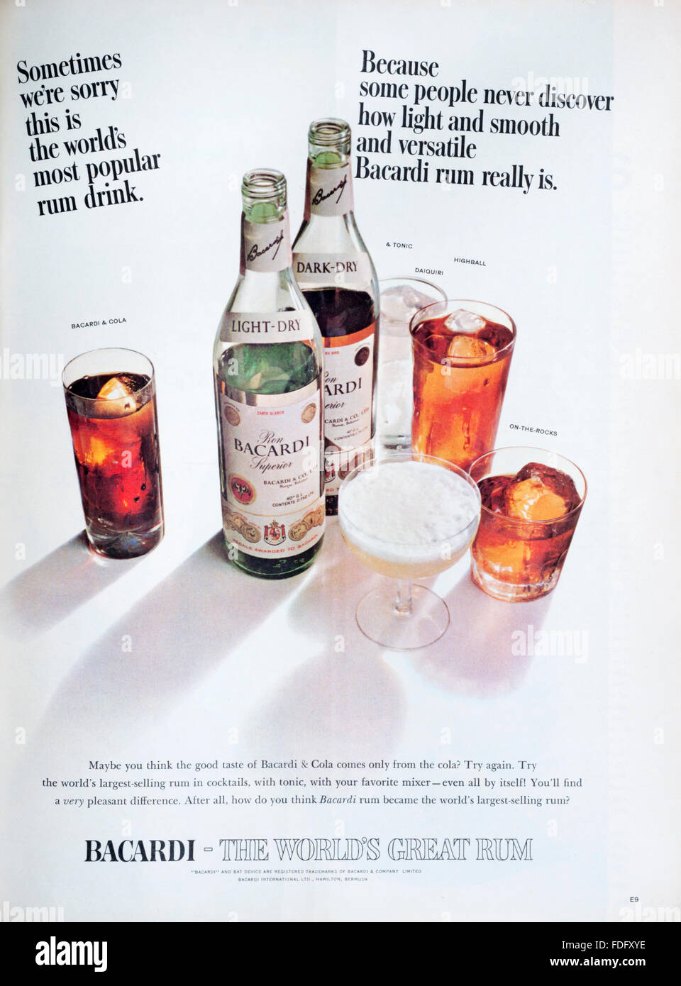 1960s magazine advertisement advertising Bacardi Rum. Stock Photo