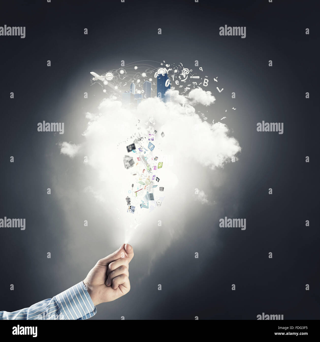 Hand of businessman catching cloud with business icons Stock Photo - Alamy
