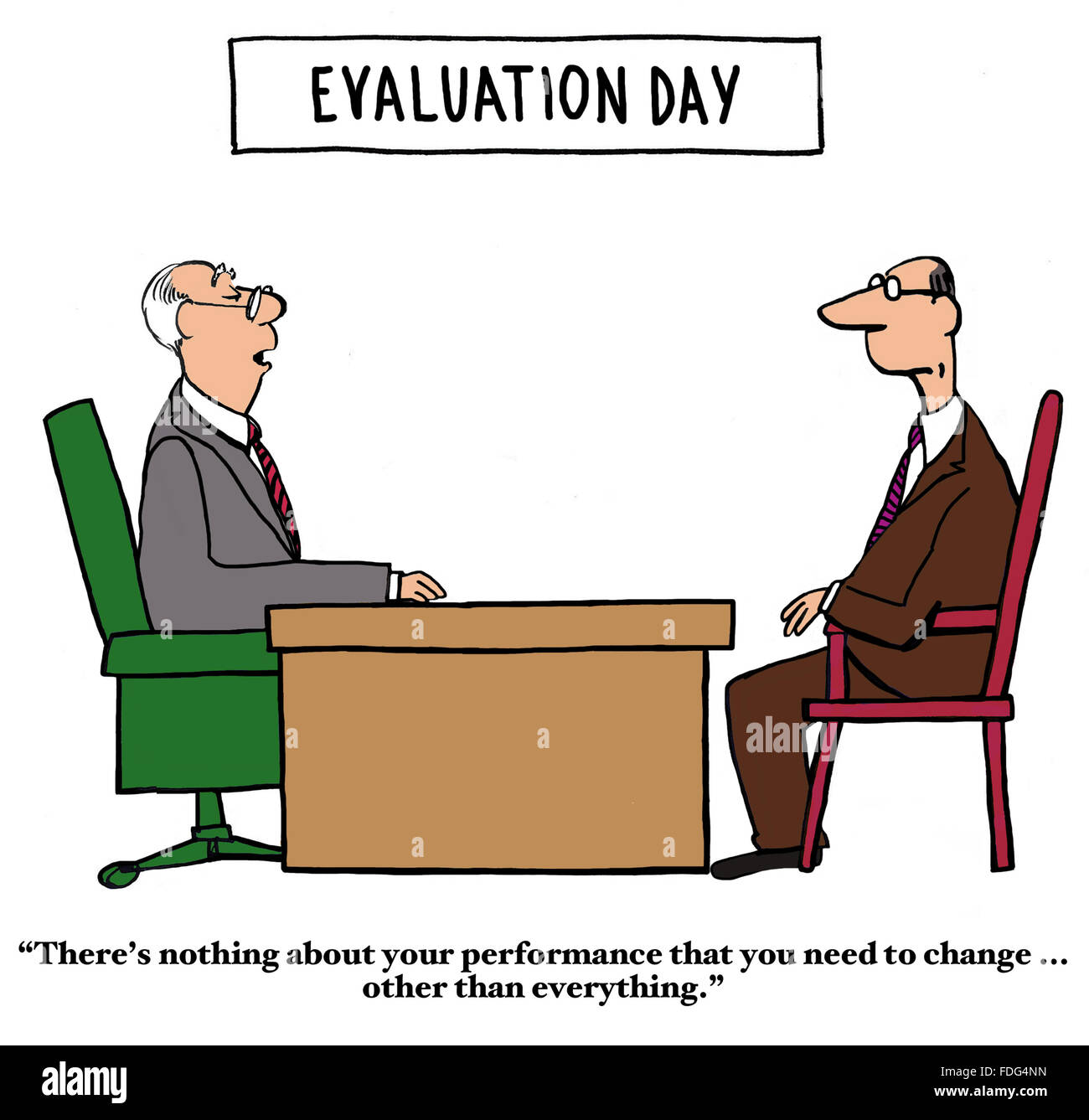 Performance review cartoon.  On evaluation day the worker learns the boss feels he needs to change everything about his work. Stock Photo