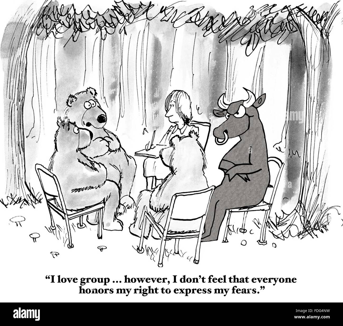 Stock market cartoon. The bull and bear are in group therapy, but the bear  is afraid to express his fears Stock Photo - Alamy