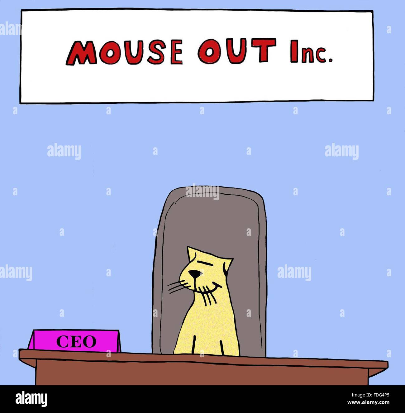 Entrepreneur cartoon.  The cat has opened a business he is expert in, 'Mouse Out Inc'. Stock Photo