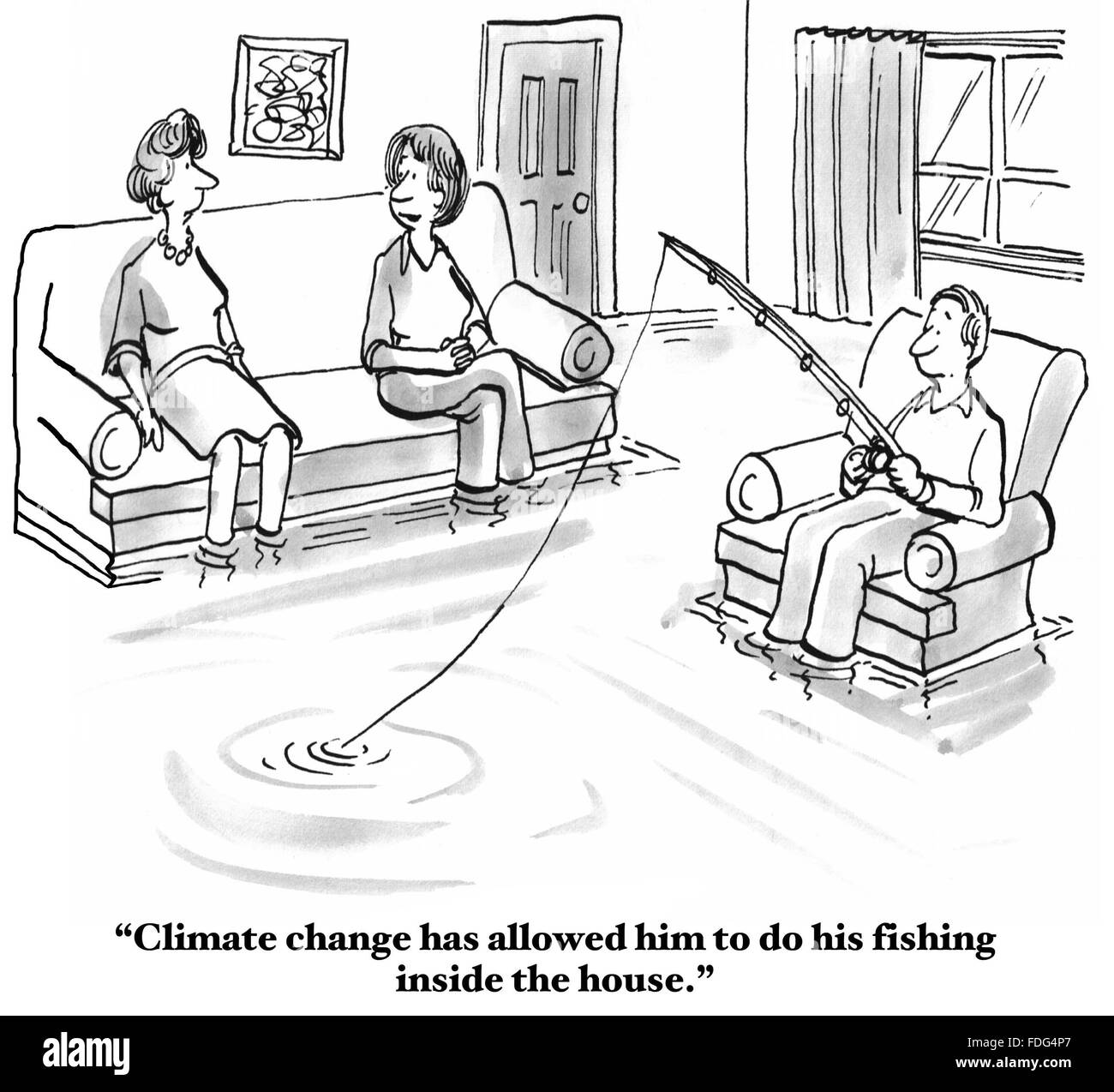Climate change cartoon.  Climate change has caused  flooding so the husband can fish inside his living room now. Stock Photo