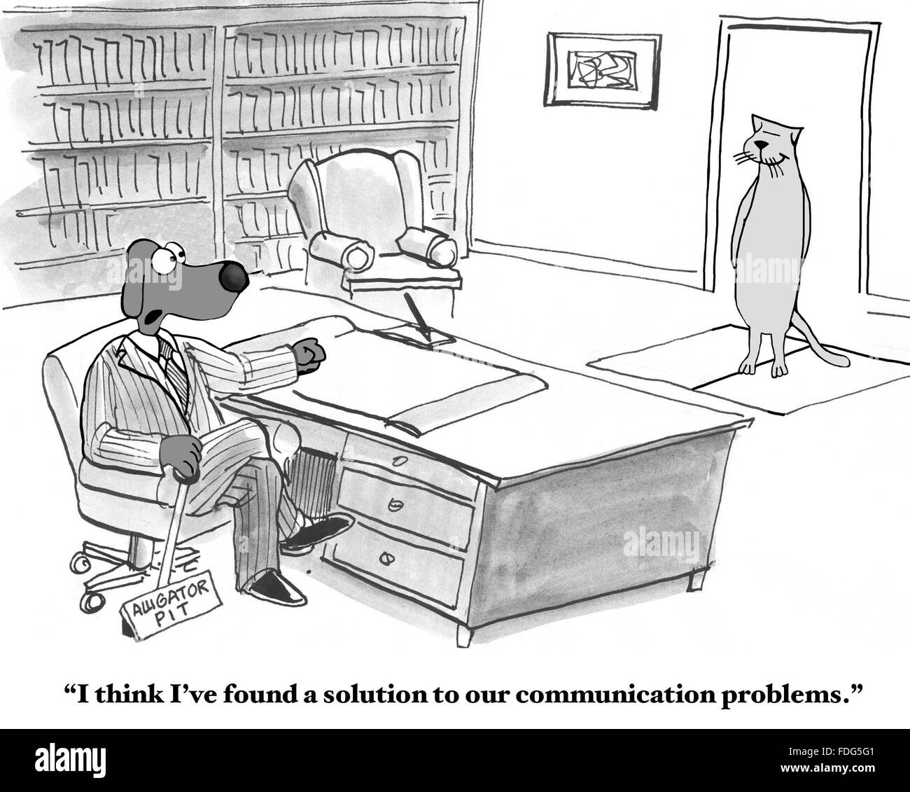 Communication cartoon.  Business dog and cat do not communicate well, boss dog has found a solution to their problem. Stock Photo