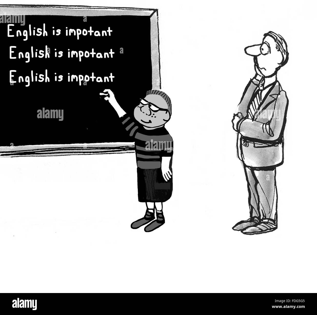 Education cartoon.  The child is bad at spelling. Stock Photo