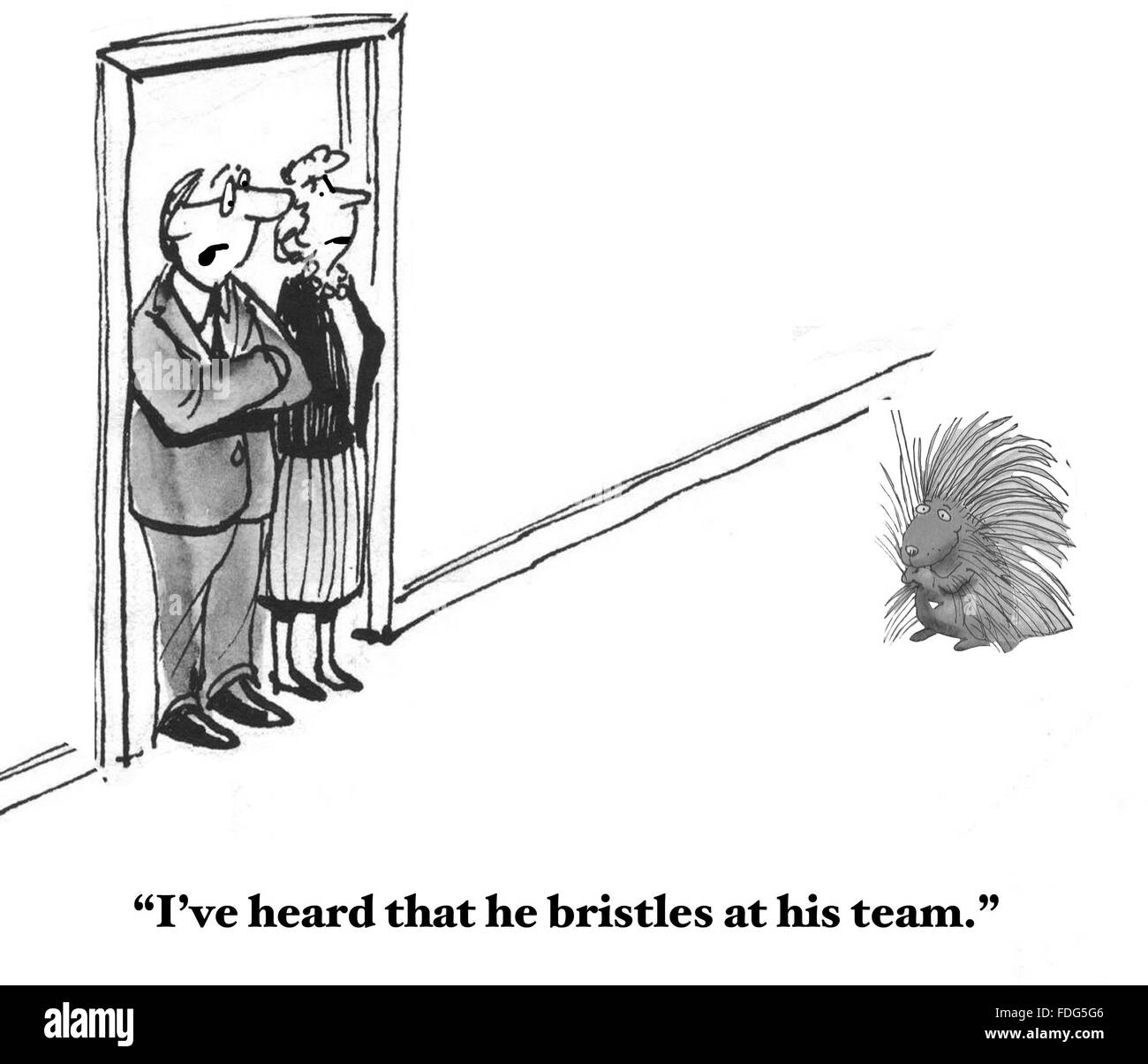 Conflict management cartoon.  The businesspeople have heard that the manager porcupine bristles at this team. Stock Photo