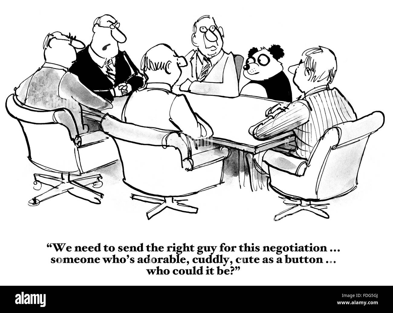 Negotiation cartoon.  The company needs to send the right guy to the negotiation... cute, cuddly: the panda. Stock Photo