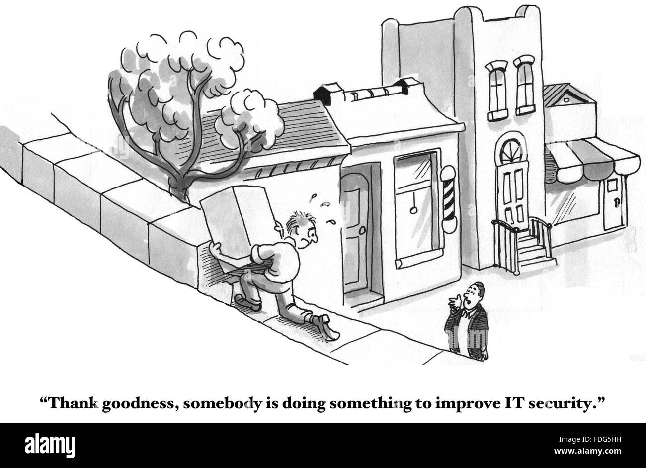 Business cartoon about IT security.  The technician is building a wall to improve IT security. Stock Photo