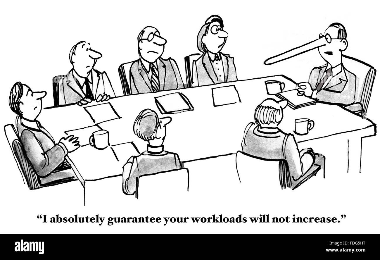 Business cartoon of a meeting and boss making a workload promise he cannot keep. Stock Photo