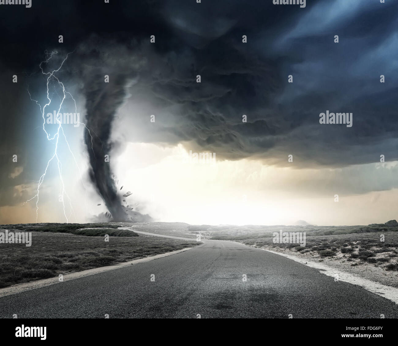 Black tornado funnel and lightning on road Stock Photo Alamy