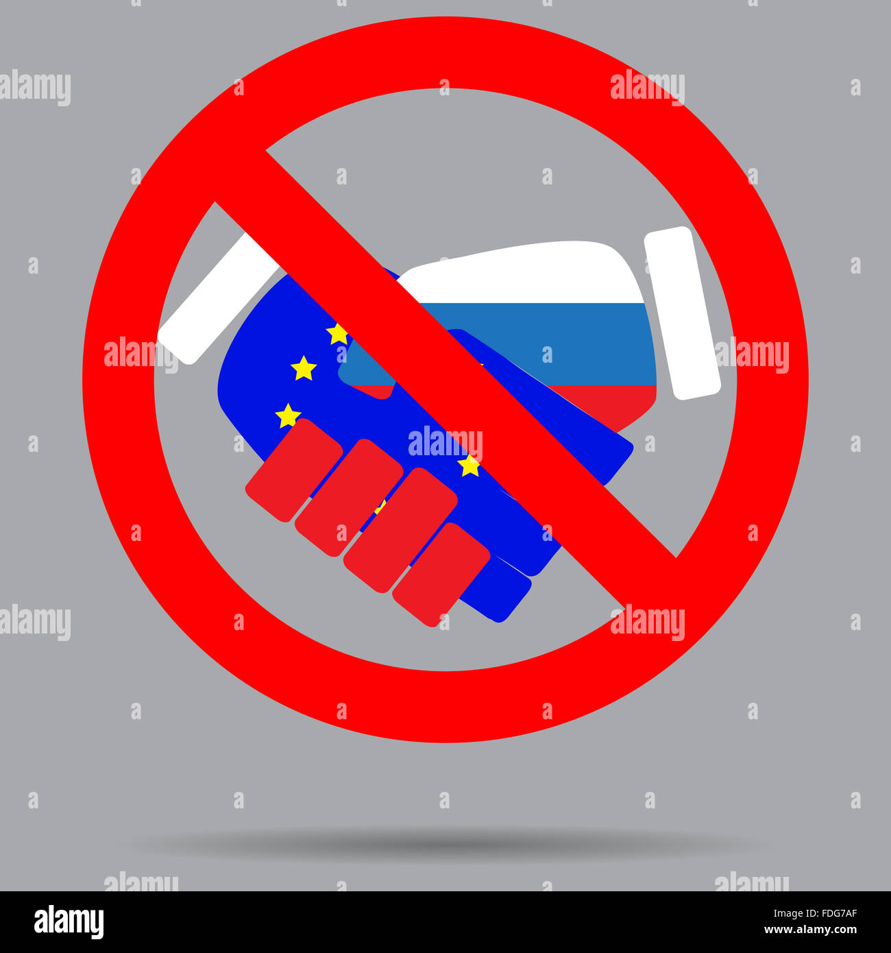 Ban sign cooperation European Union and russia. Deal stop, no handshake, no contract and friendship, forbidden label sign. Vecto Stock Photo