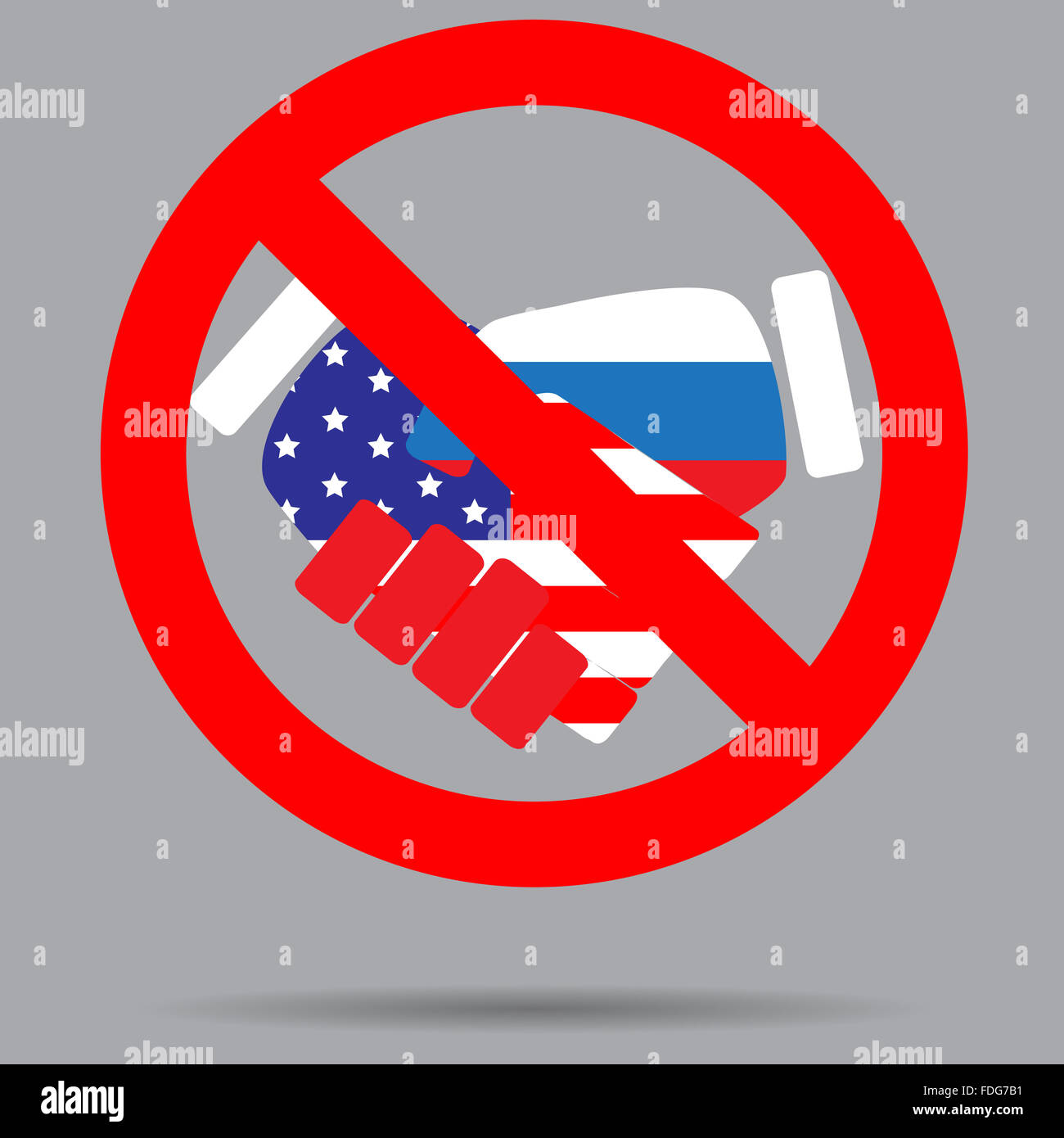 Ban sign cooperation usa and russia. Deal stop, no contract and friendship, forbidden label. Vector art abstract unusual fashion Stock Photo