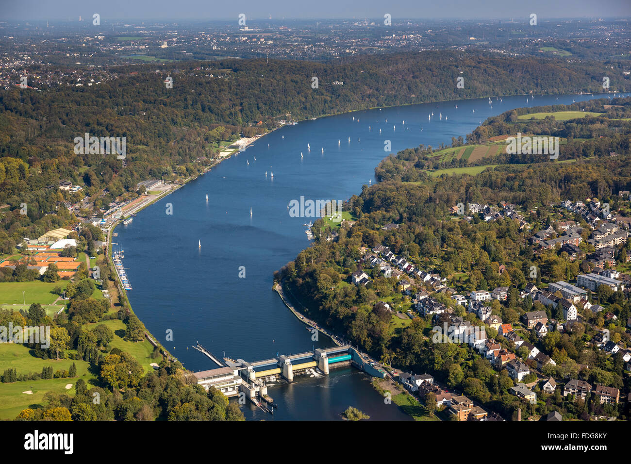 Aerial view, Baldeneysee with sailboats, in early fall, sailboats on the Baldeneysee in South Essen, barrage weir, dam, Essen, Stock Photo