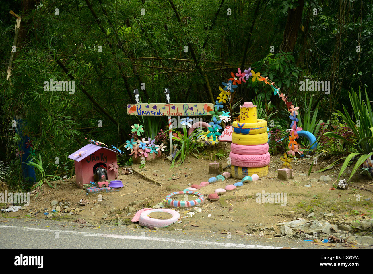 Garden decorations made out of recycled objects. PUERTO RICO - Utuado. Caribbean Island. US territory. Stock Photo