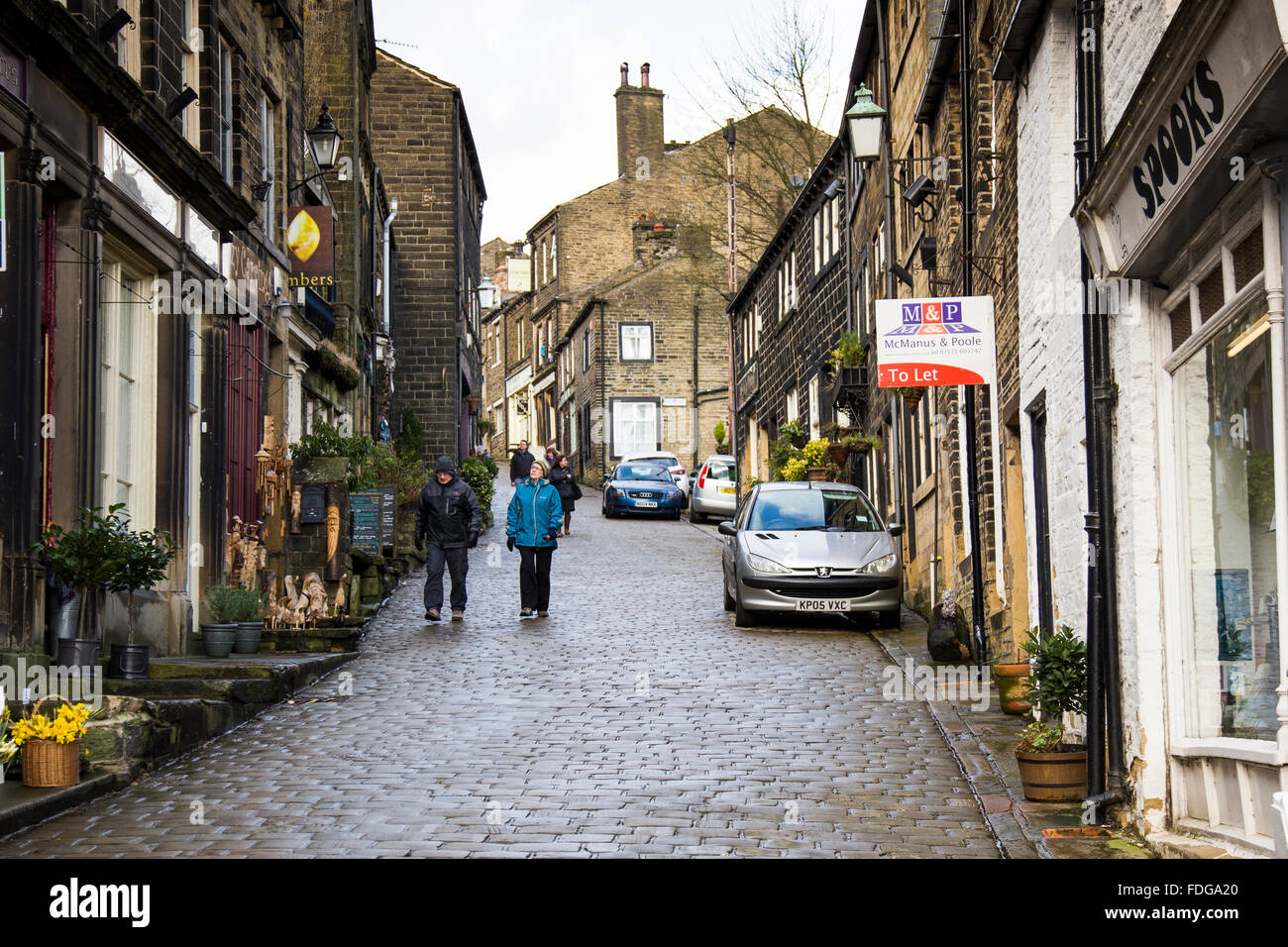 The main street in the village of Haworth, West Yorkshire, England, UK Stock Photo