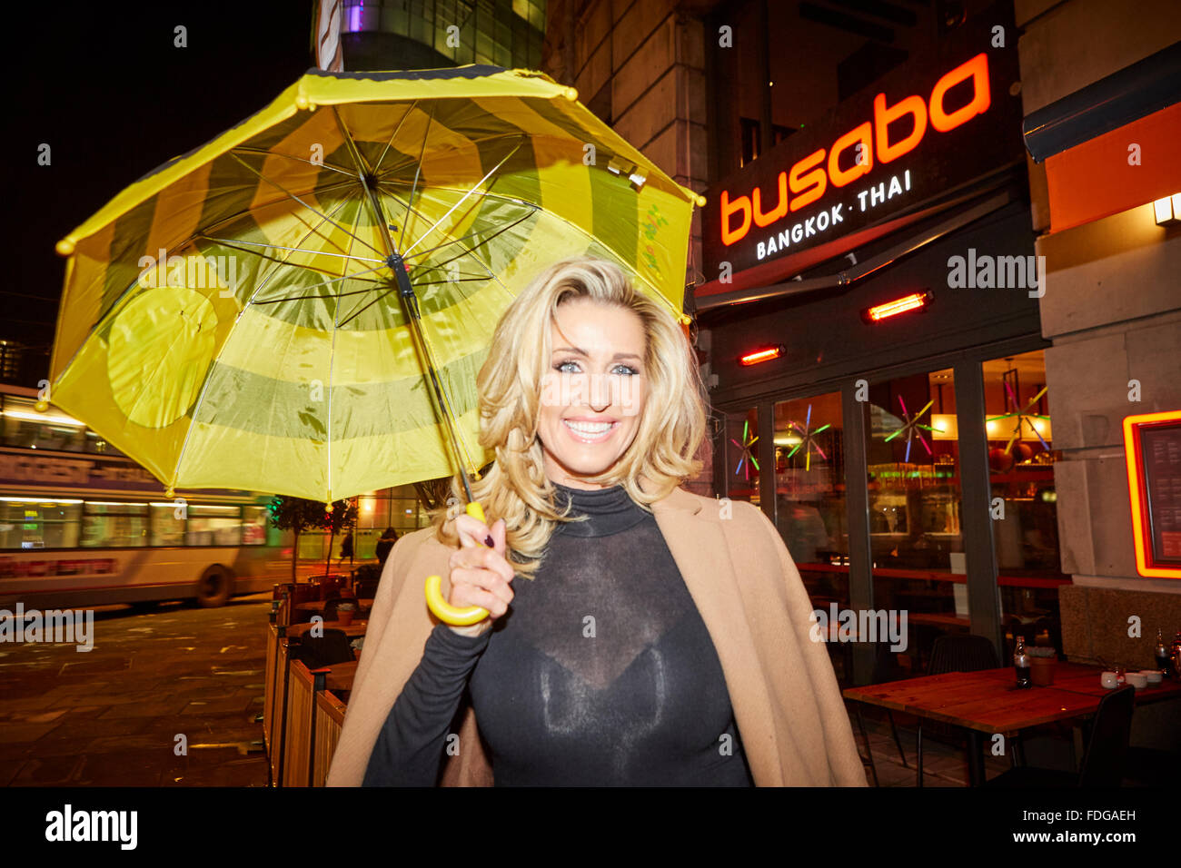Busaba Thai restaurant opening party at Manchester Printworks   Wes Brown's wife Leanne Brown pretty footballers wife blonde hai Stock Photo