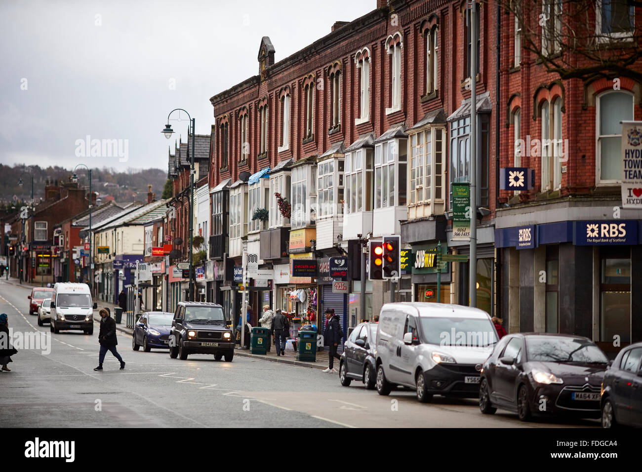 Hyde town centre Historically in Cheshire is a town in Greater Manchester, England    Market Street independent retail shops  ro Stock Photo