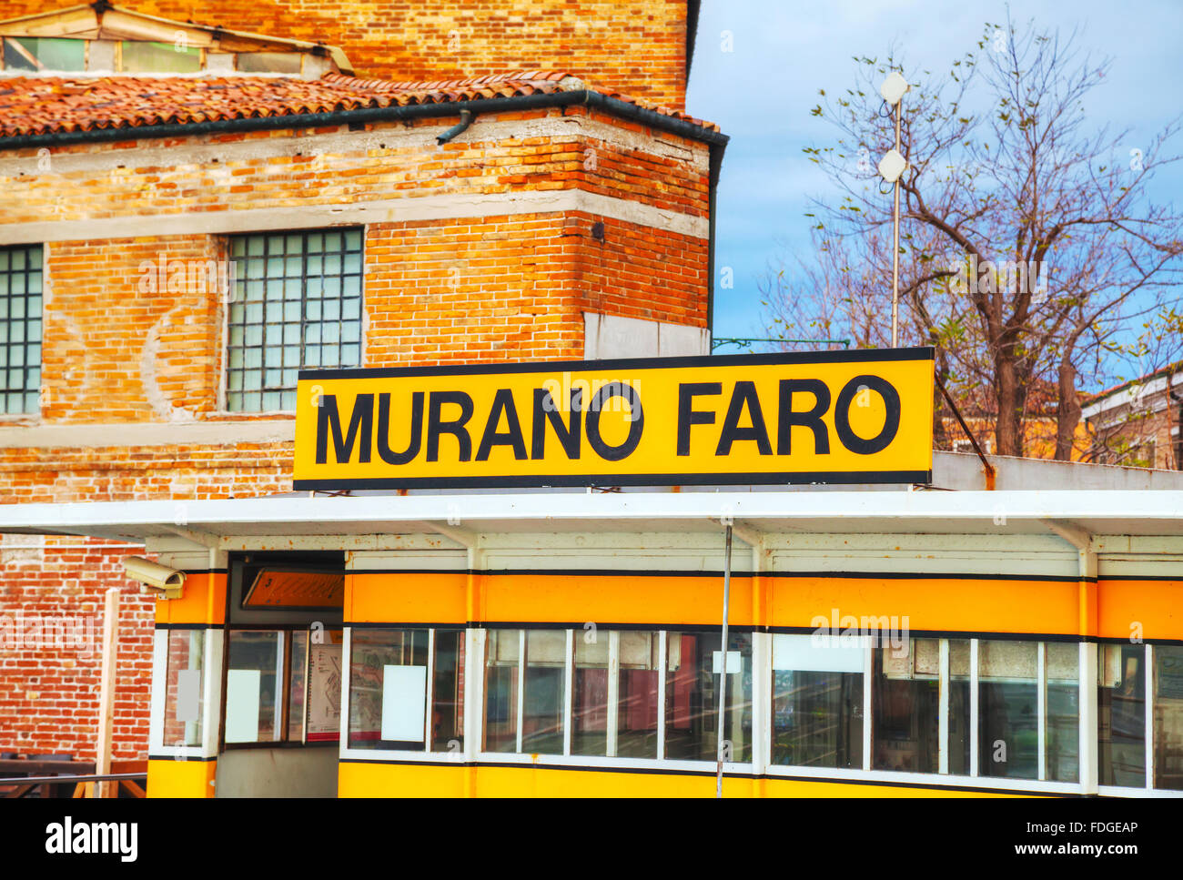 MURANO, ITALY - NOVEMBER 23: Murano Faro sign at the vaporetto stop on November 23, 2015 in Murano, Venice, Italy. Stock Photo