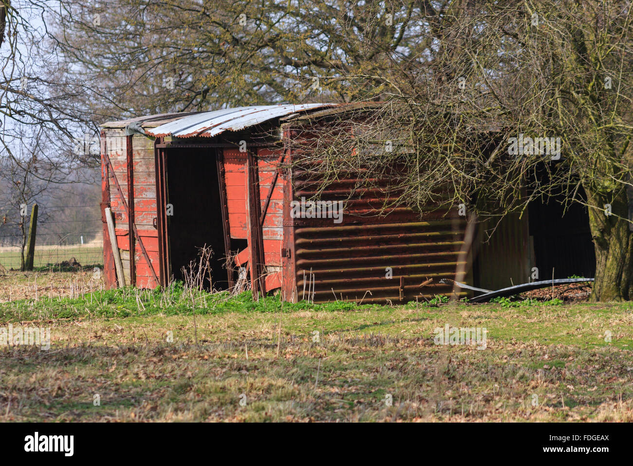 Disused railway goods van now used as a shelter for livestock UK Stock Photo