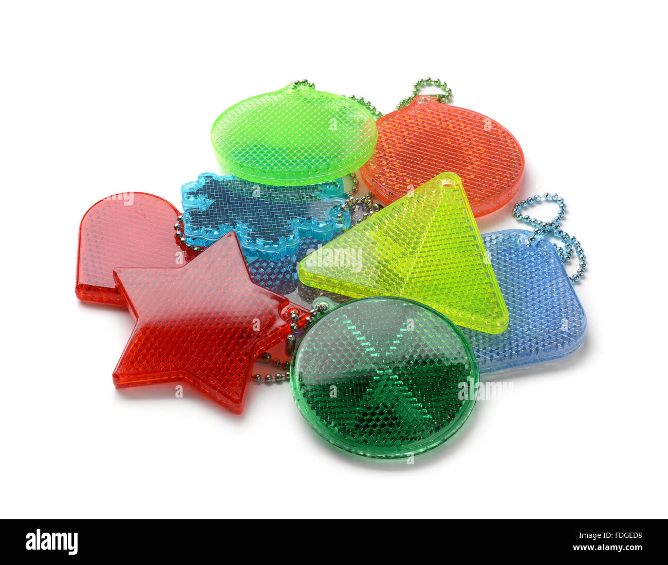 Pile of safety reflectors isolated on white Stock Photo