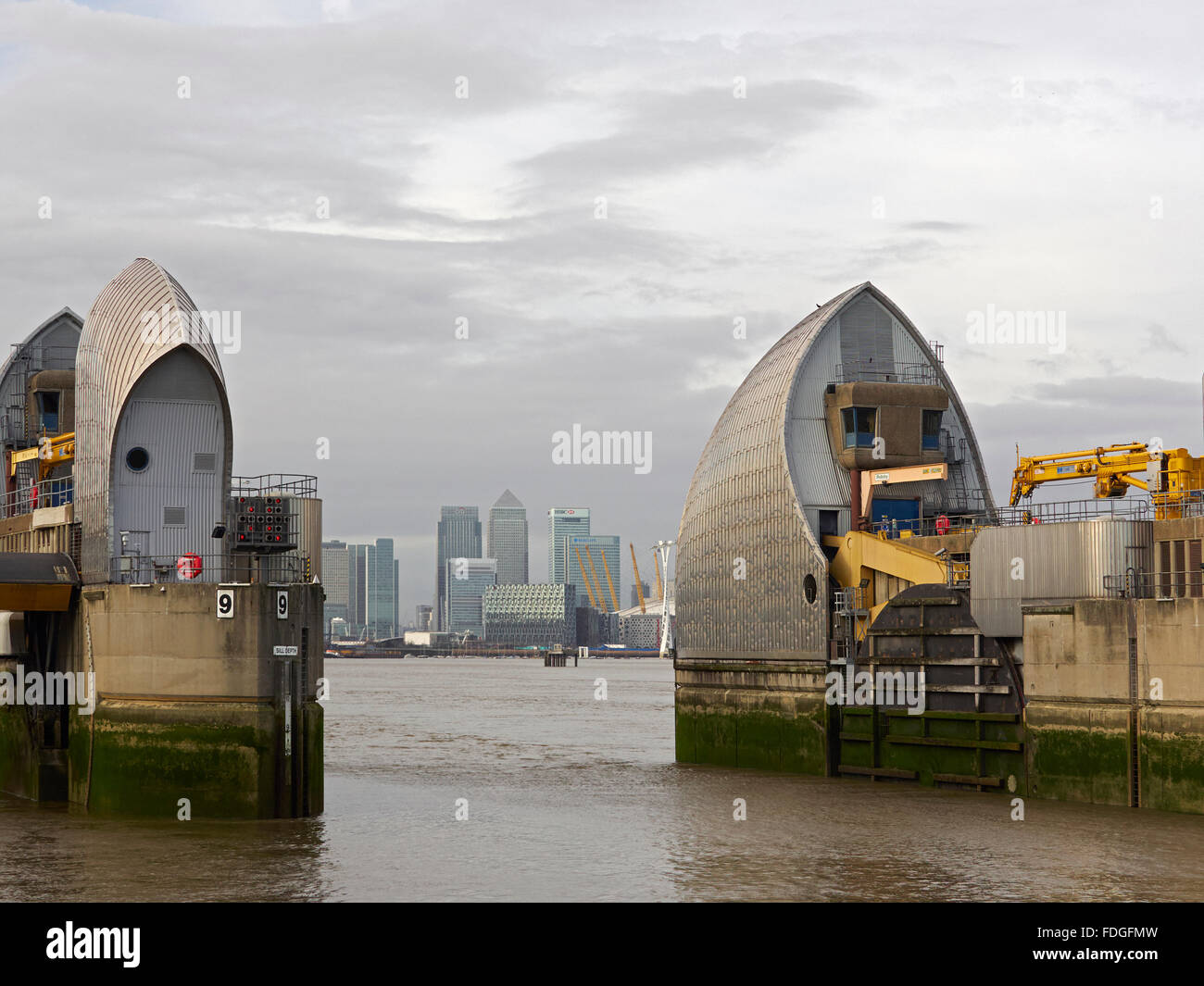 O2 Woolwich London Canary wharf river Thames O2 arena Dome from the Thames barrier ...
