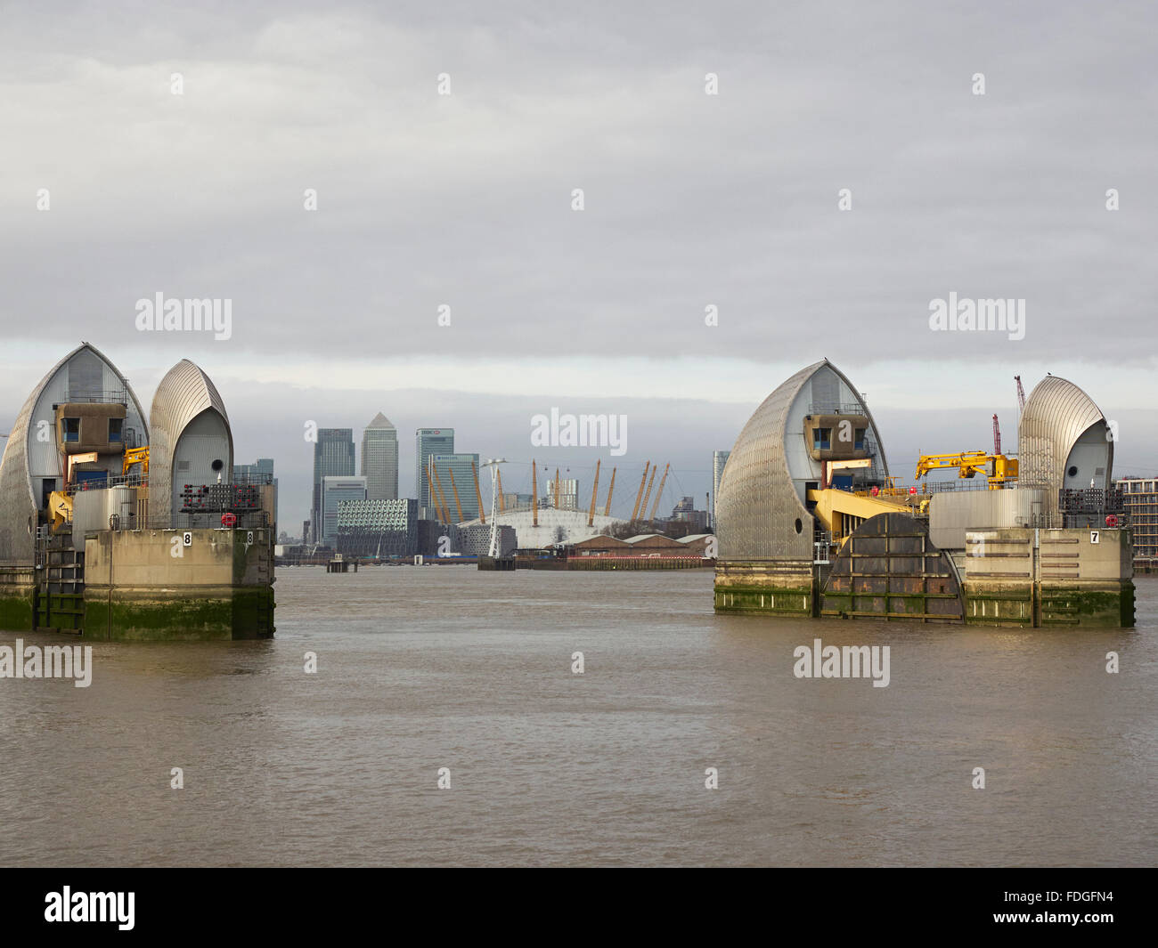 O2 Woolwich London Canary wharf river Thames O2 arena Dome from the Thames barrier ...