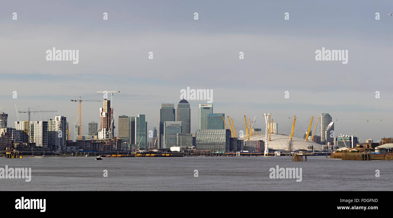 London Canary wharf river Thames O2 arena Dome and the Emirates cable ...