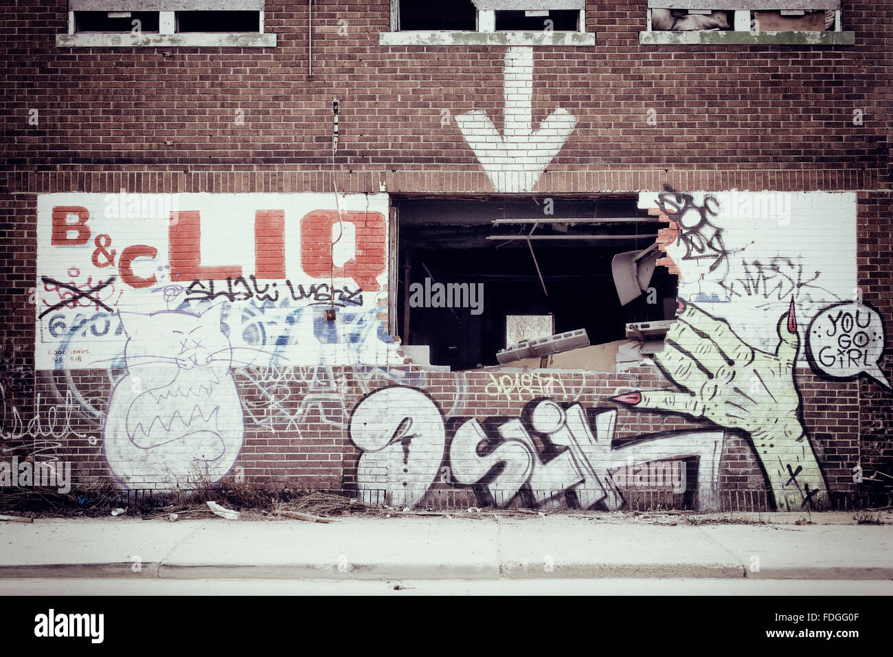 Graffiti on an abandoned liquor store in Detroit Stock Photo