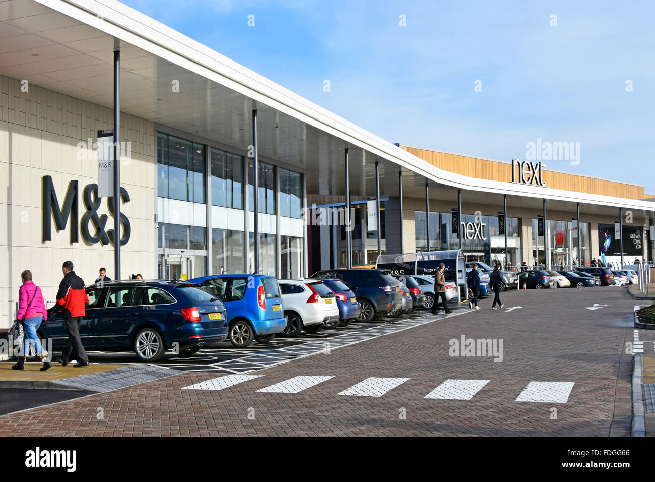 Shopping centre retail park development Marks & Spencer store & Next retail store in Elliotts Field site Rugby Warwickshire England UK car parking Stock Photo