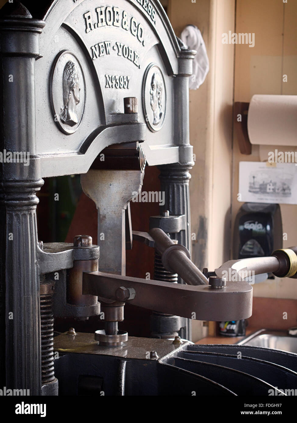 Detail view of hand operated printing press. It is still functioning today. Stock Photo