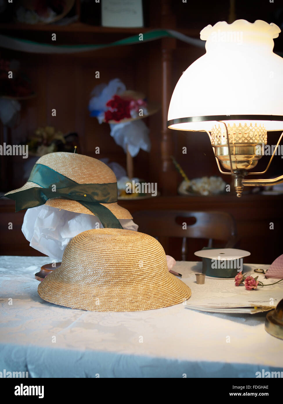 Hats on display in an early 20th century haberdashery Stock Photo