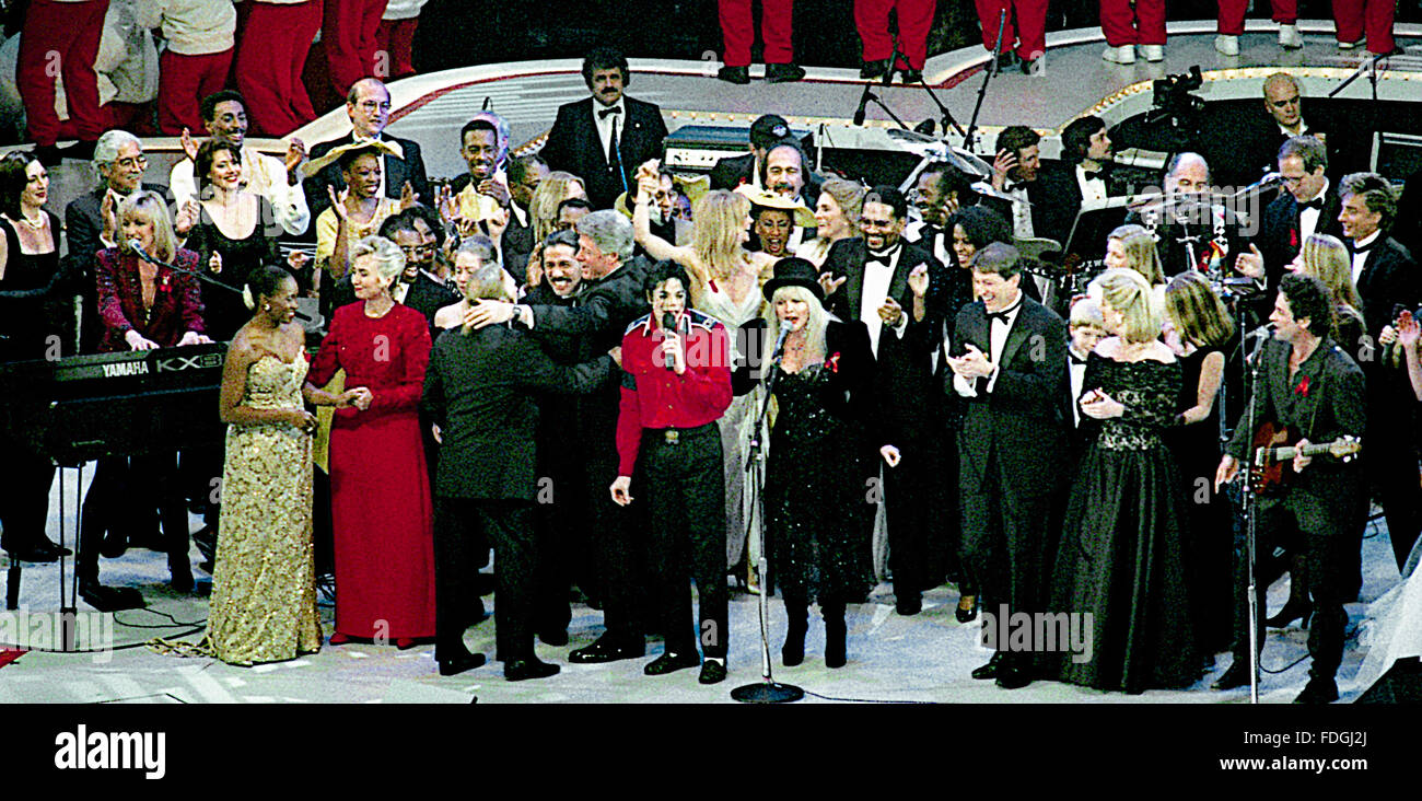 Landover, Maryland, USA, 19th January, 1993 The  Presidential Inaugural gala at the Capitol Center in Landover Maryland. The cast included Michael Jackson, Barbra Streisand, Elton John, the Alvin Ailey Dance Troupe, comedians Chevy Chase and Bill Cosby, and actors Jack Lemmon and James Earl Jones. In honor of Clinton, a specially re-formed Fleetwood Mac also took the stage to perform the song 'Don't Stop'' which had been Bill Clinton's campaign song.  Credit: Mark Reinstein Stock Photo
