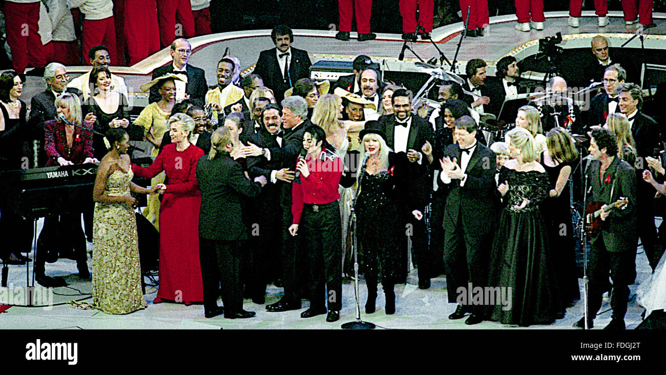 Landover, Maryland, USA, 19th January, 1993 The  Presidential Inaugural gala at the Capitol Center in Landover Maryland. The cast included Michael Jackson, Barbra Streisand, Elton John, the Alvin Ailey Dance Troupe, comedians Chevy Chase and Bill Cosby, and actors Jack Lemmon and James Earl Jones. In honor of Clinton, a specially re-formed Fleetwood Mac also took the stage to perform the song 'Don't Stop'' which had been Bill Clinton's campaign song.  Credit: Mark Reinstein Stock Photo