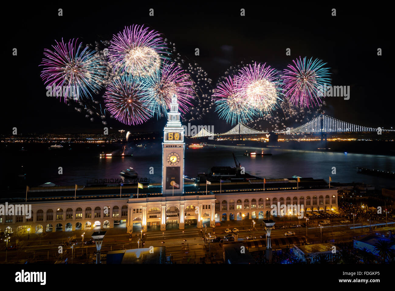 Bay bridge lighting and fireworks for Super Bowl 50 in San Francisco, California, USA Stock Photo