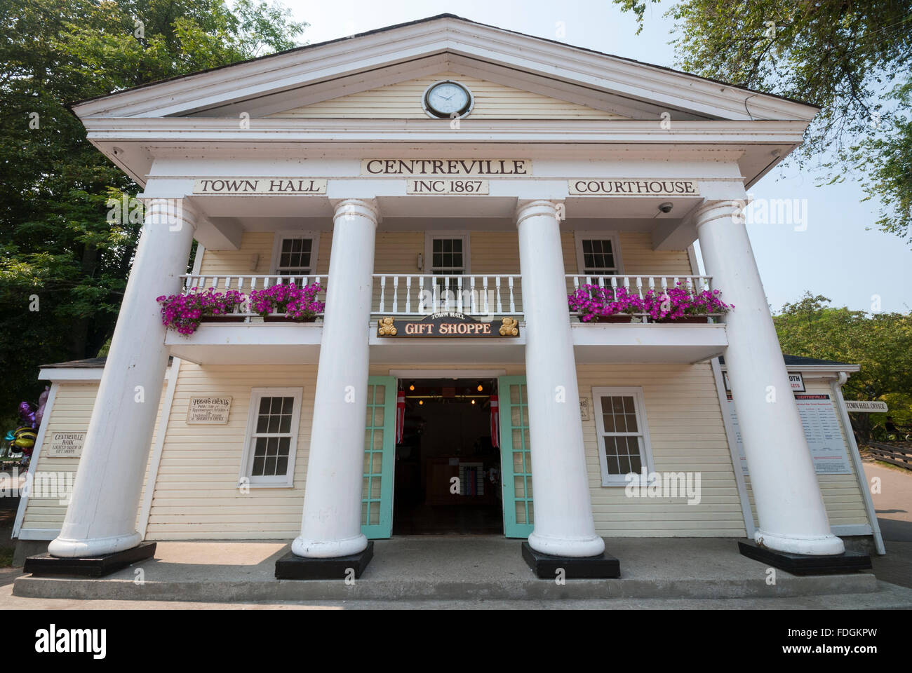 The Centreville town hall and courthouse facade near the entrance of the Centreville Amusement Park on the Toronto Islands. Stock Photo