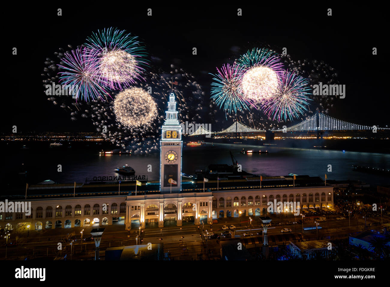 Bay bridge lighting and fireworks for Super Bowl 50 in San Francisco
