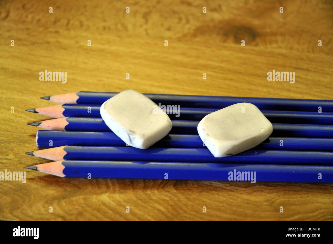 Seven pencils and two erasers Stock Photo Alamy
