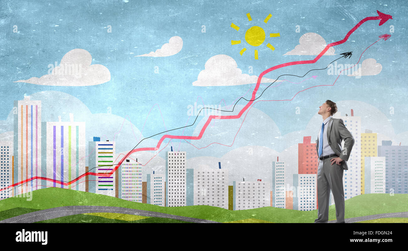 Confident businessman with arms on waist red growing arrow graph hi-res ...