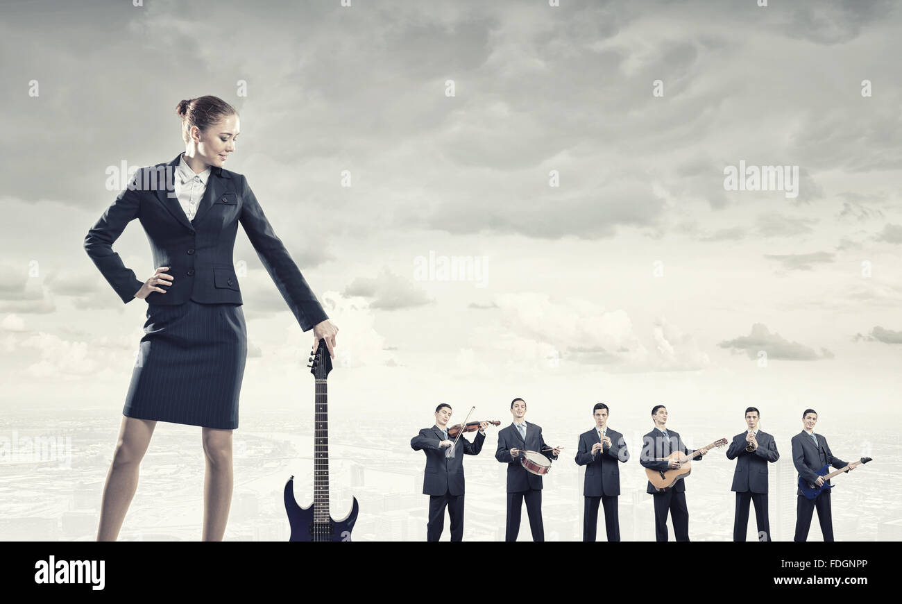 Multi Instrument Person Man orchestra playing different music instruments and woman leader ...