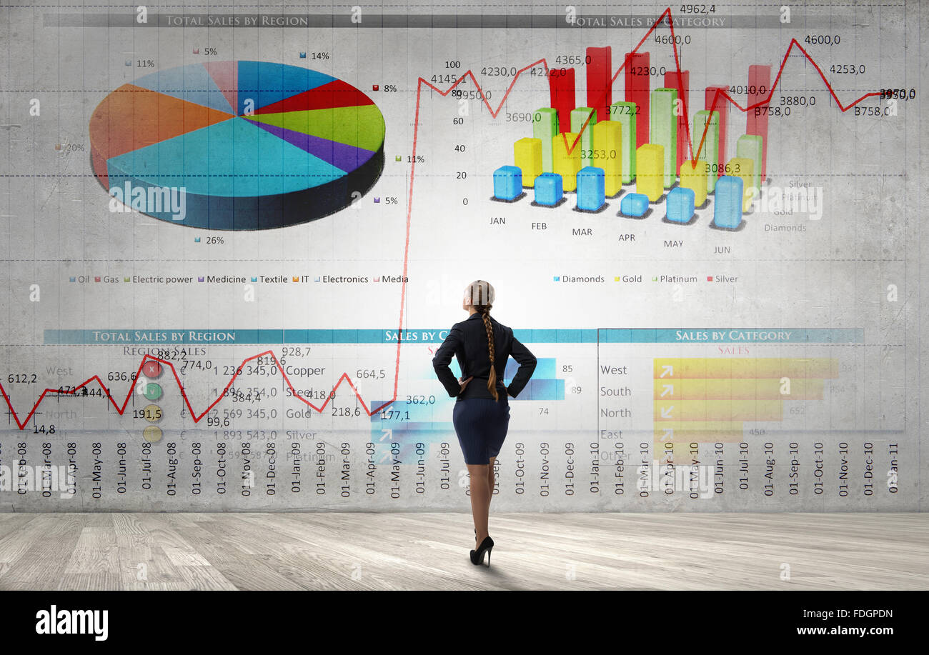 Rear view of businesswoman looking at infographs on wall Stock Photo ...