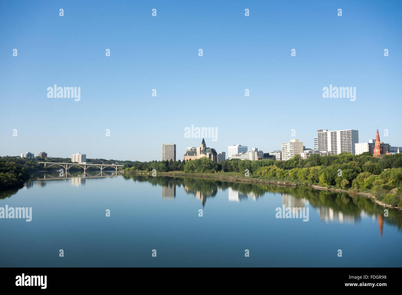 Saskatoon skyline and the South Saskatchewan River, Canada Stock Photo