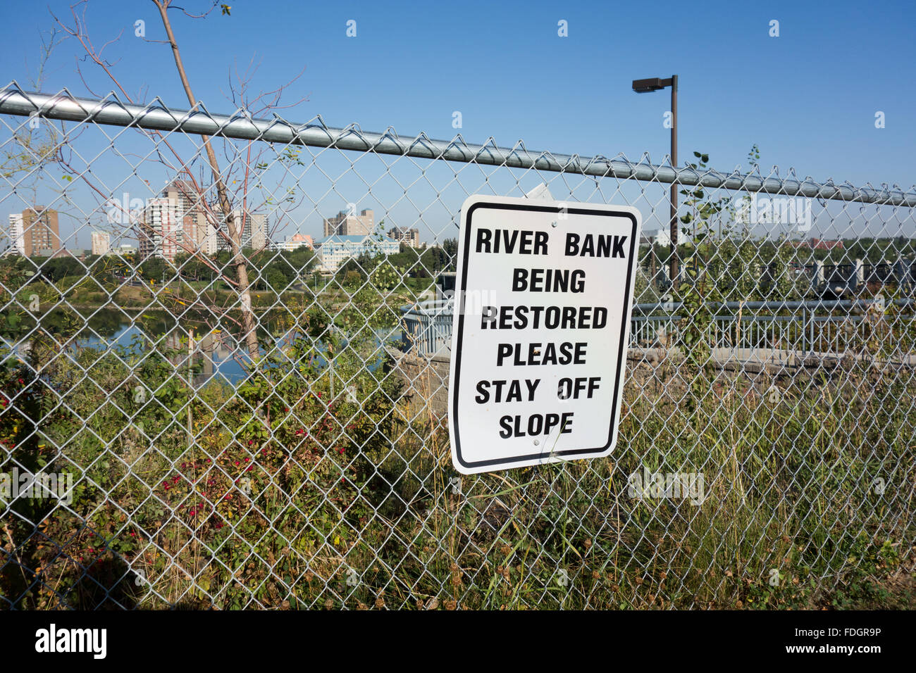 Sign for the river bank being restored Sasktoon Canada Stock Photo
