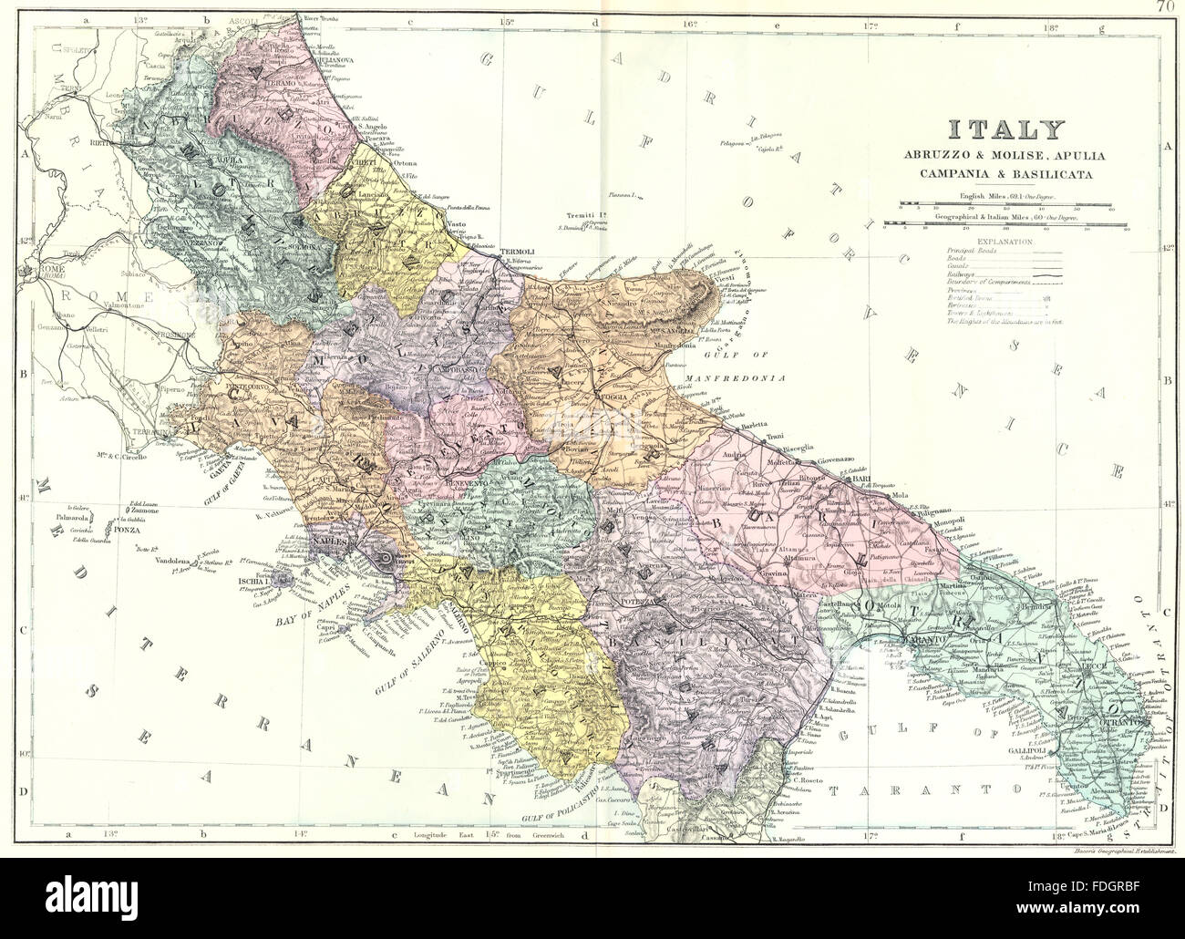 ITALY SOUTH EAST: Abruzzo & Molise,Apulia Campania & Basilicata. Bacon, 1895 map Stock Photo