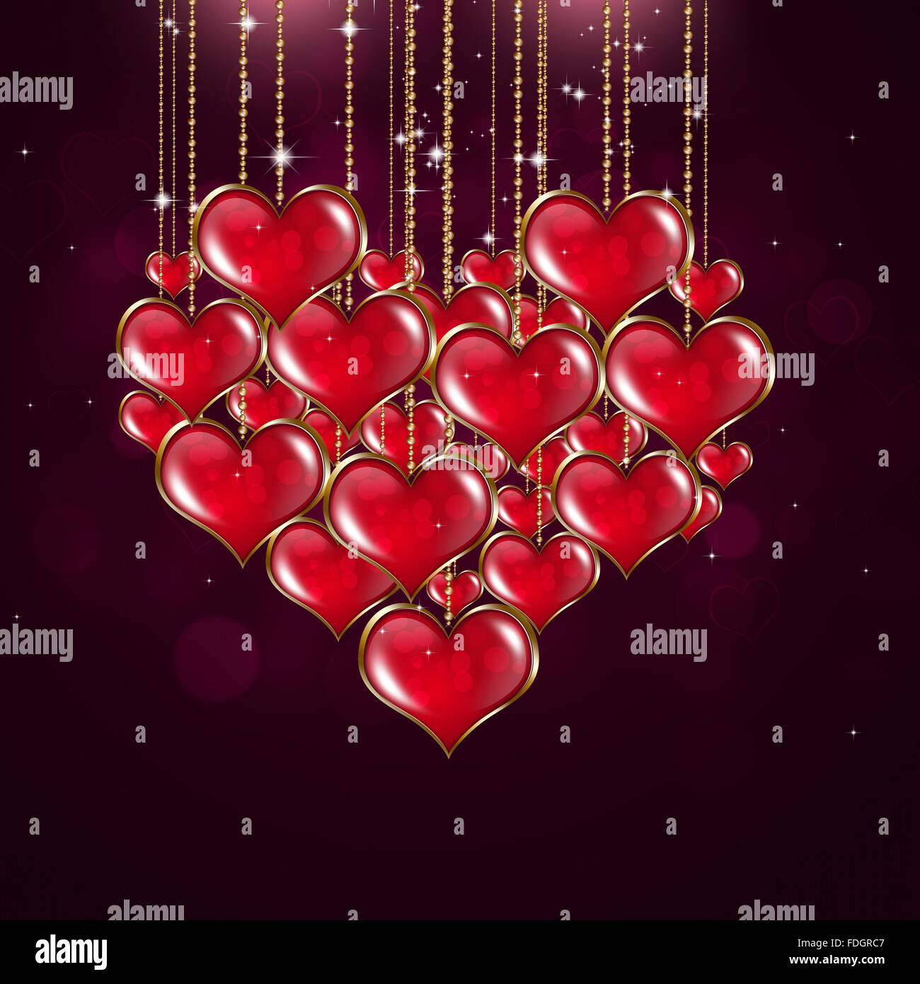 valentine holiday greeting card with red hearts stars and blurry lights Stock Photo