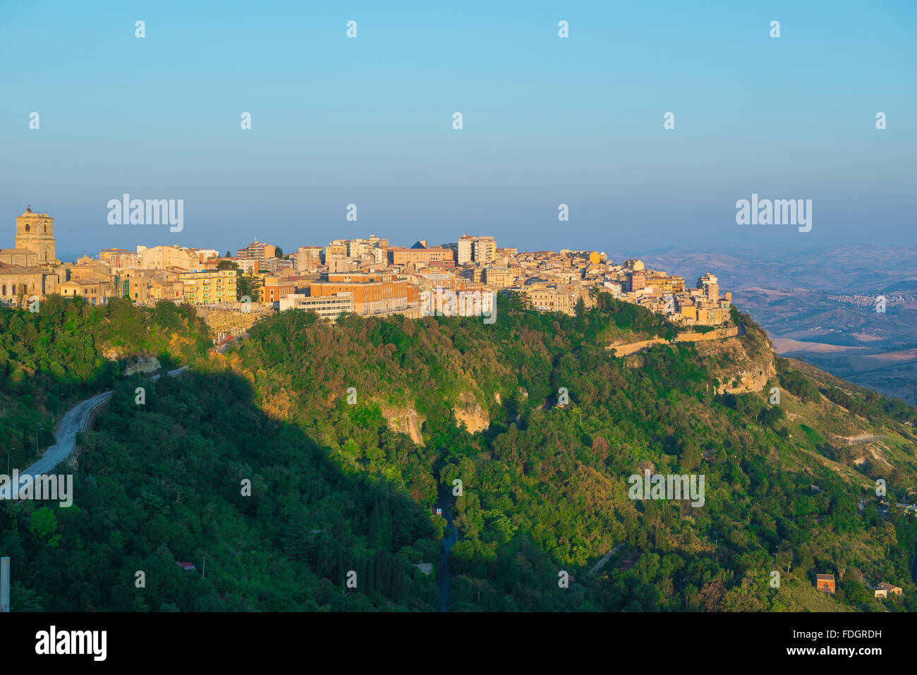Sicily landscape, view of sunrise over the historic city of Enna, sited at the centre of the island of Sicily. Stock Photo