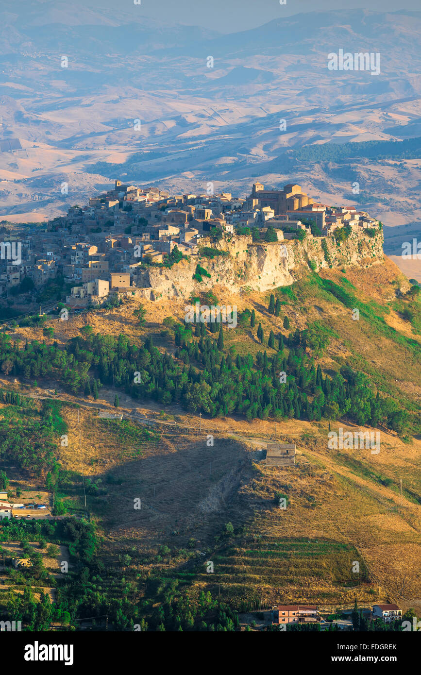 Sicily hill town, aerial view at sunrise of the hill-top town of Calascibetta, central Sicily. Stock Photo