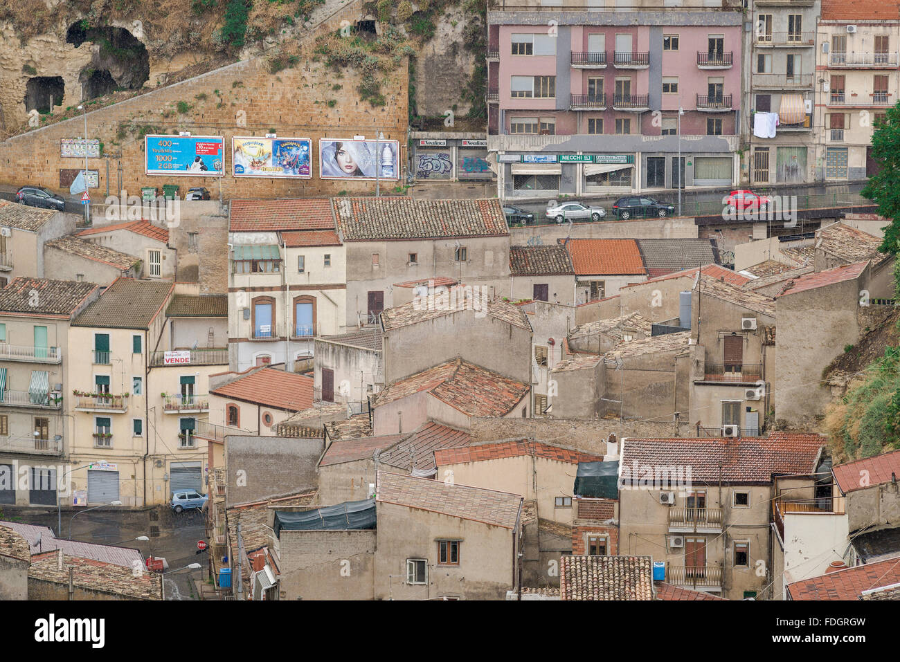 Italy town city rain, aerial view of the hill-top town of Enna in Sicily on an overcast rainy day. Stock Photo