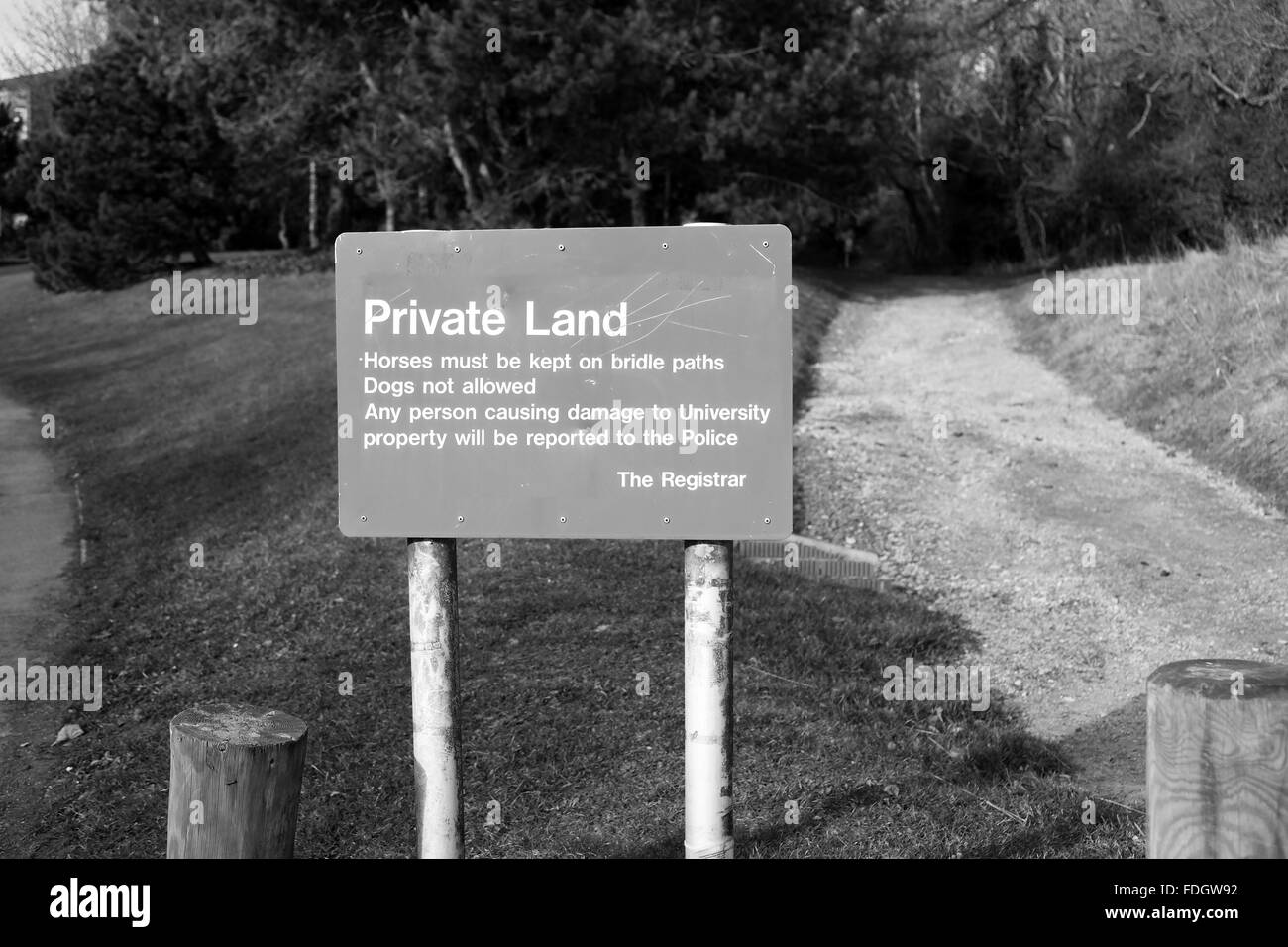 Private land sign, horses kept to bridle paths, Dogs not allowed  January 2016 Stock Photo