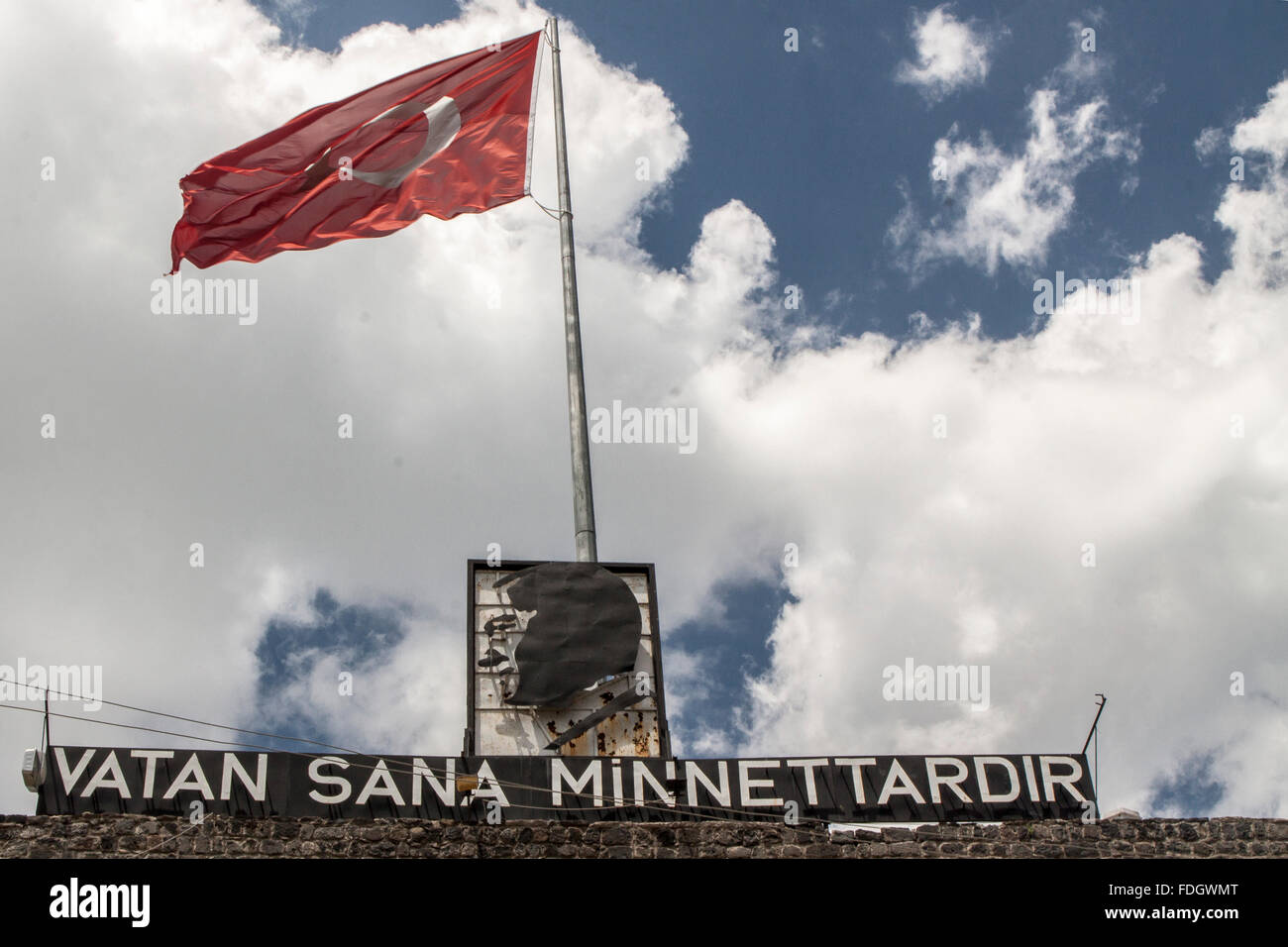 Turkish flag and image of Kemal Ataturk in Van Fortress, Turkey. Stock Photo